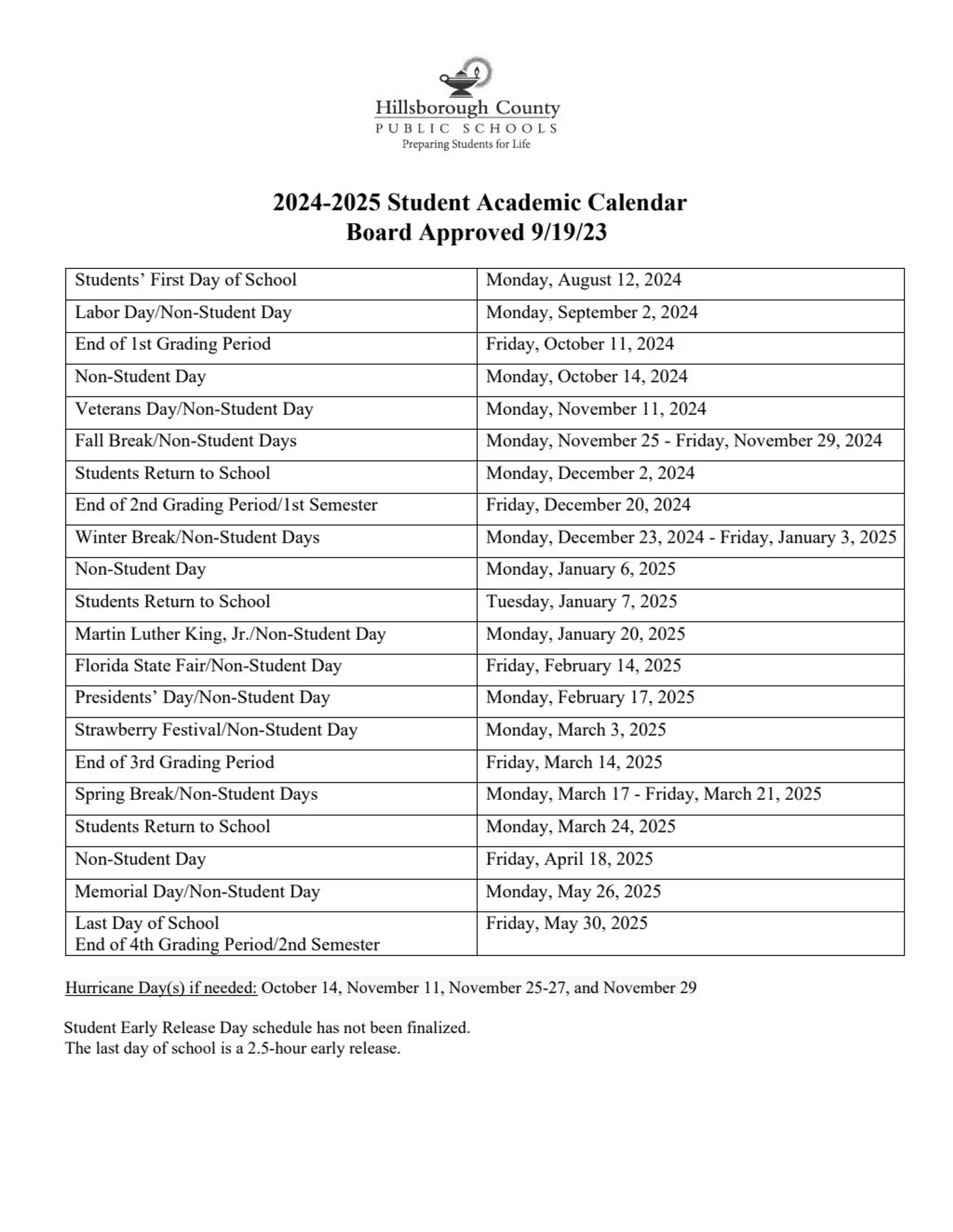 school calendar